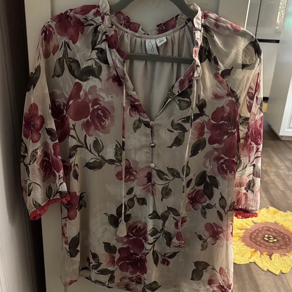 Joie Cream Blouse with Rose Print and Tie Neck